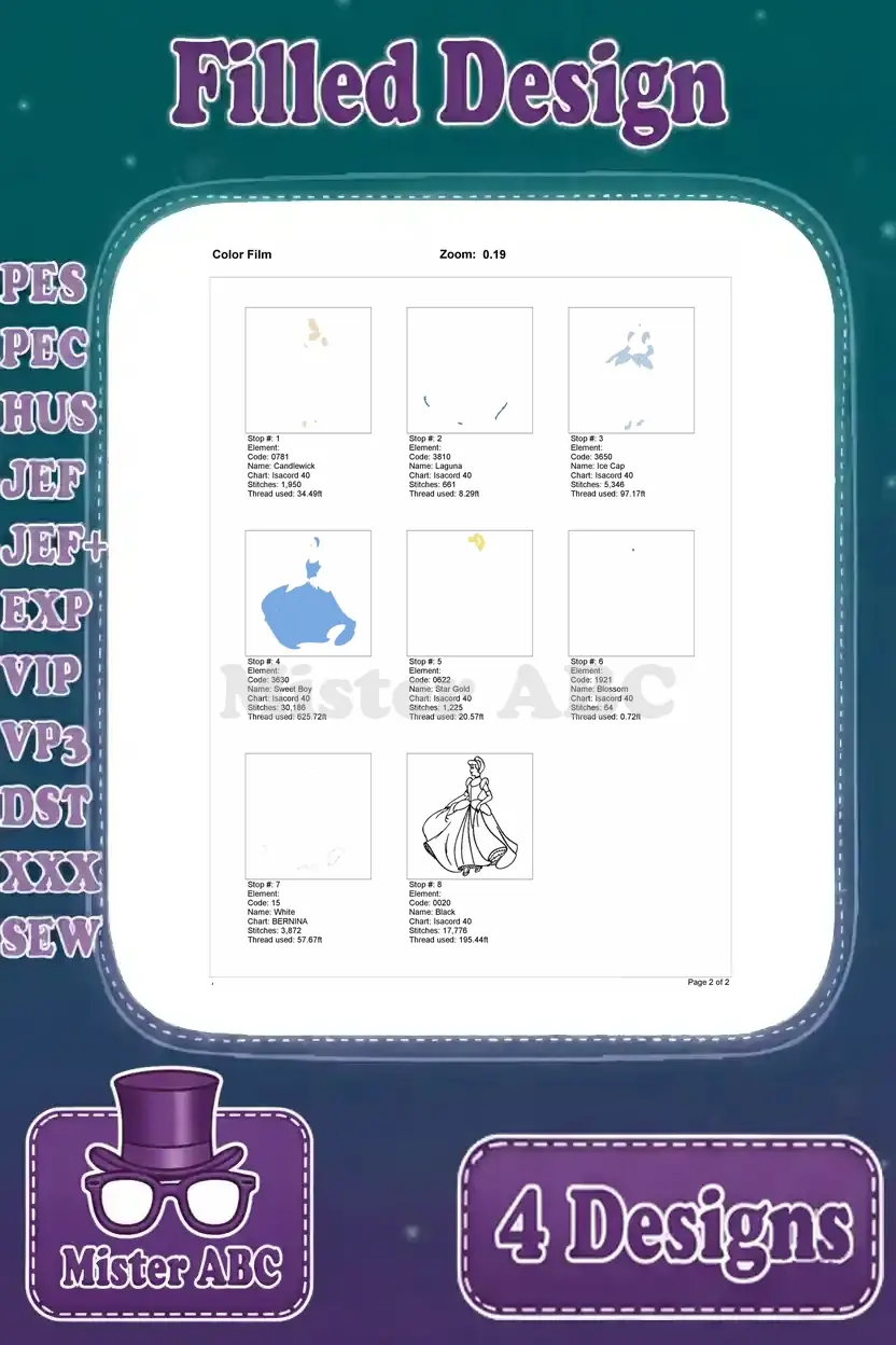 Color film sequence for the graceful Cinderella design with flowing dress, showing each thread application step.