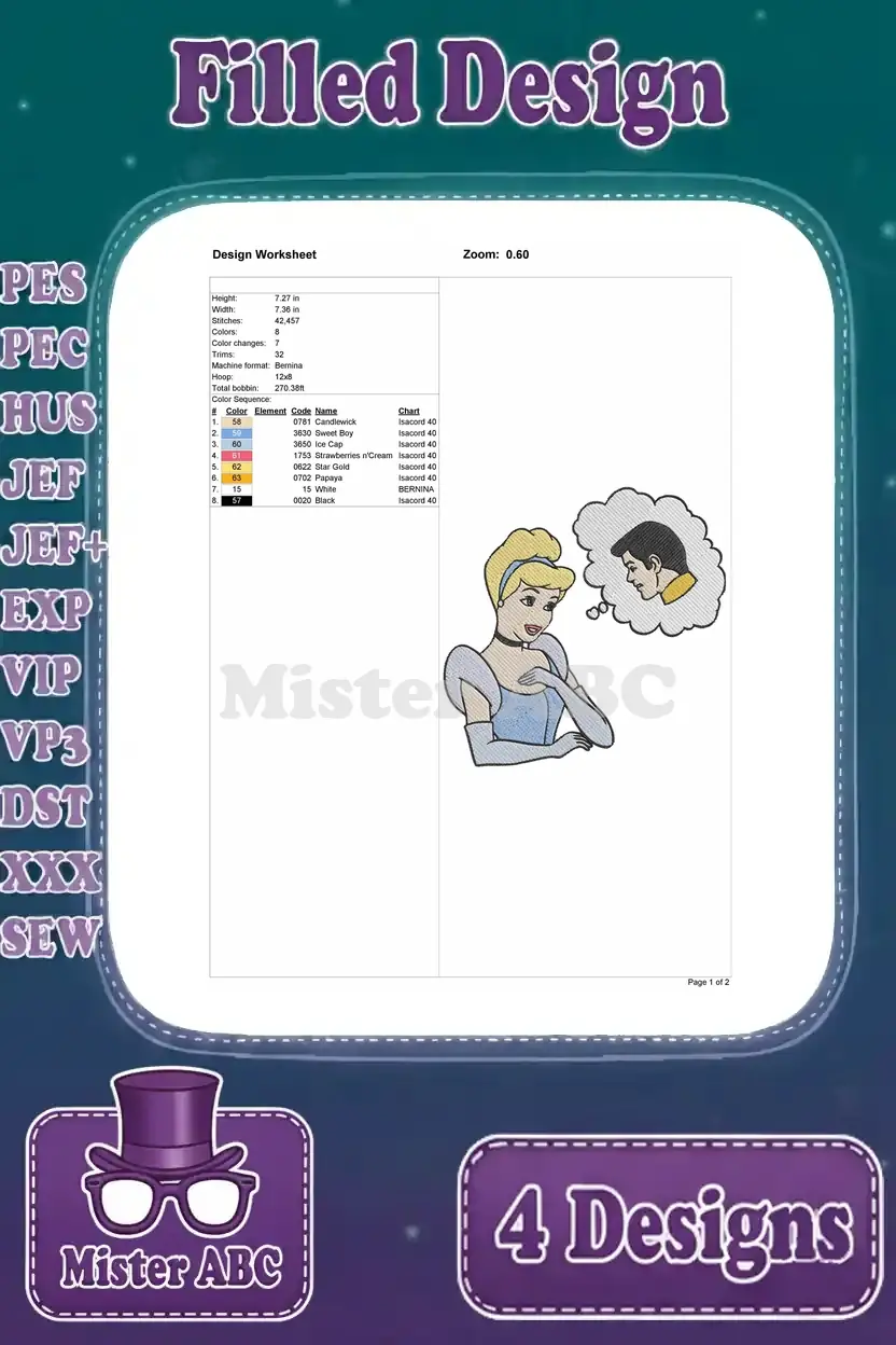 A detailed design worksheet for the Cinderella embroidery design showing her thinking of Prince Charming, with stitch data.