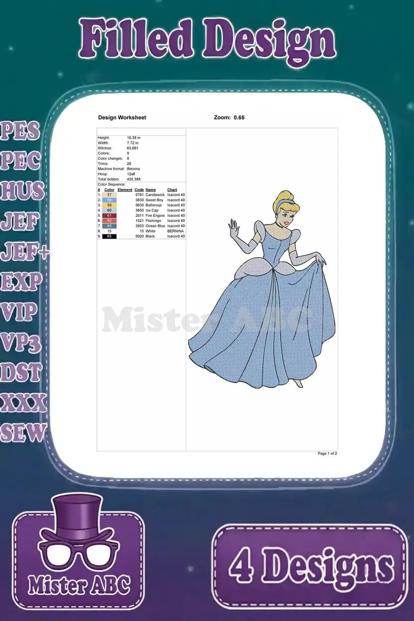 Design worksheet for Cinderella in her elegant ball gown, posing gracefully, with comprehensive stitch details included.