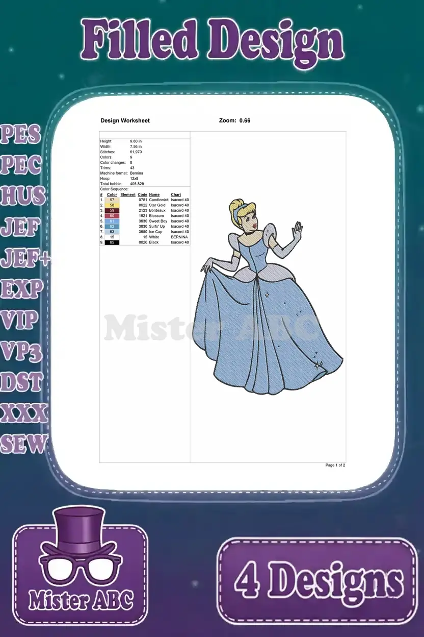 Design worksheet for Cinderella in her enchanting ball gown, gesturing elegantly, with all relevant embroidery data.