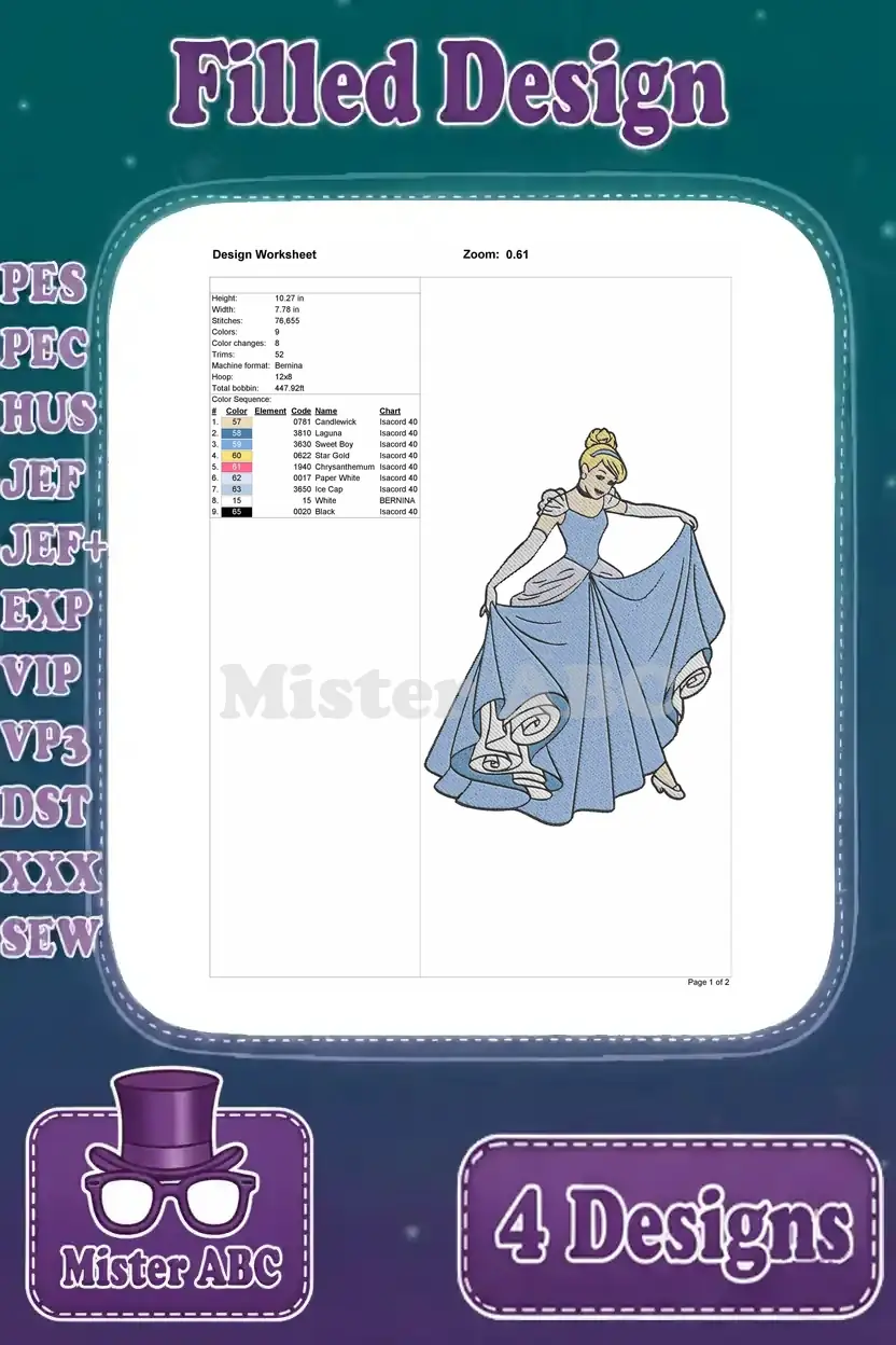 Design worksheet for a Cinderella embroidery design, detailing stitch count, dimensions, and thread color sequence.
