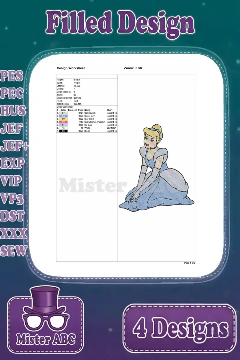 Design worksheet for a kneeling Cinderella embroidery design, showing dimensions, stitch count, and thread colors.