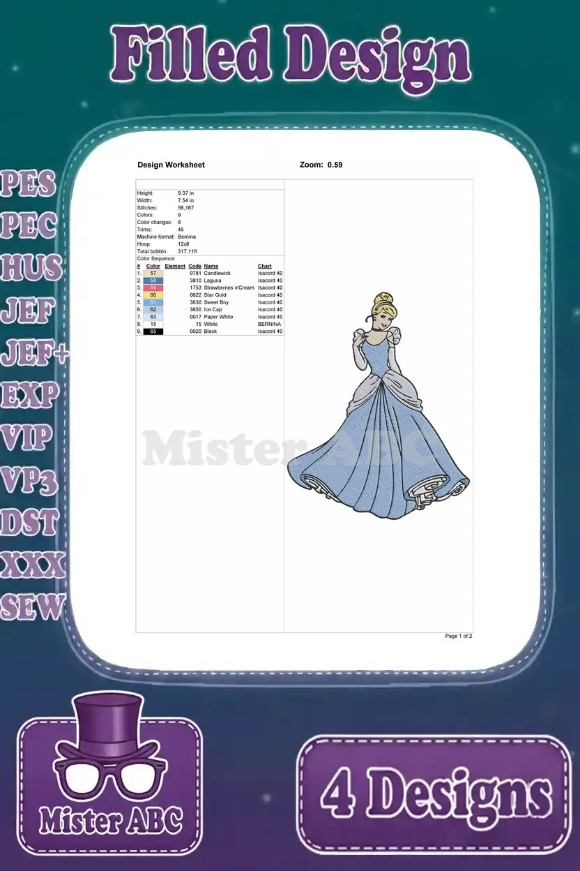 Design worksheet for a standing Cinderella embroidery design, complete with size, stitch count, and color chart.