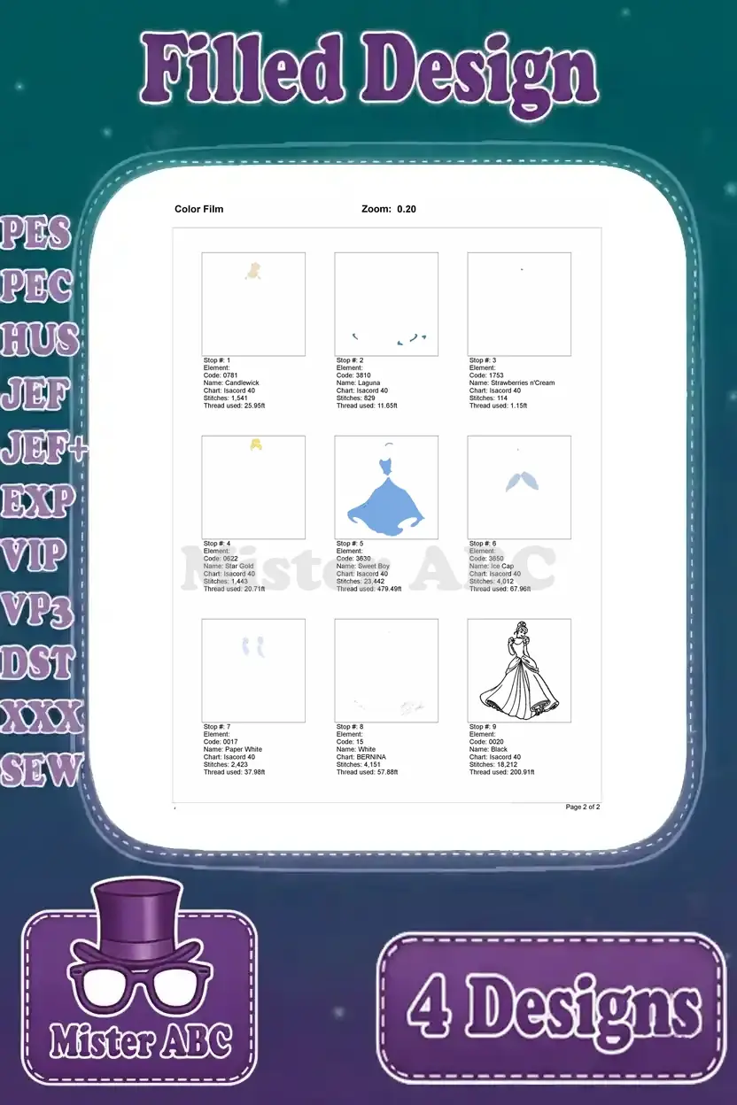 Color film sequence for the standing Cinderella embroidery design, detailing the precise thread color application order.