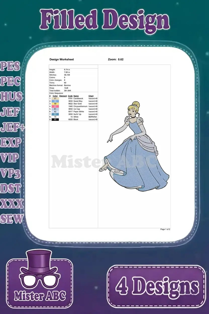 Detailed design worksheet for the first Cinderella embroidery design, showing thread colors, stitch count, and dimensions.
