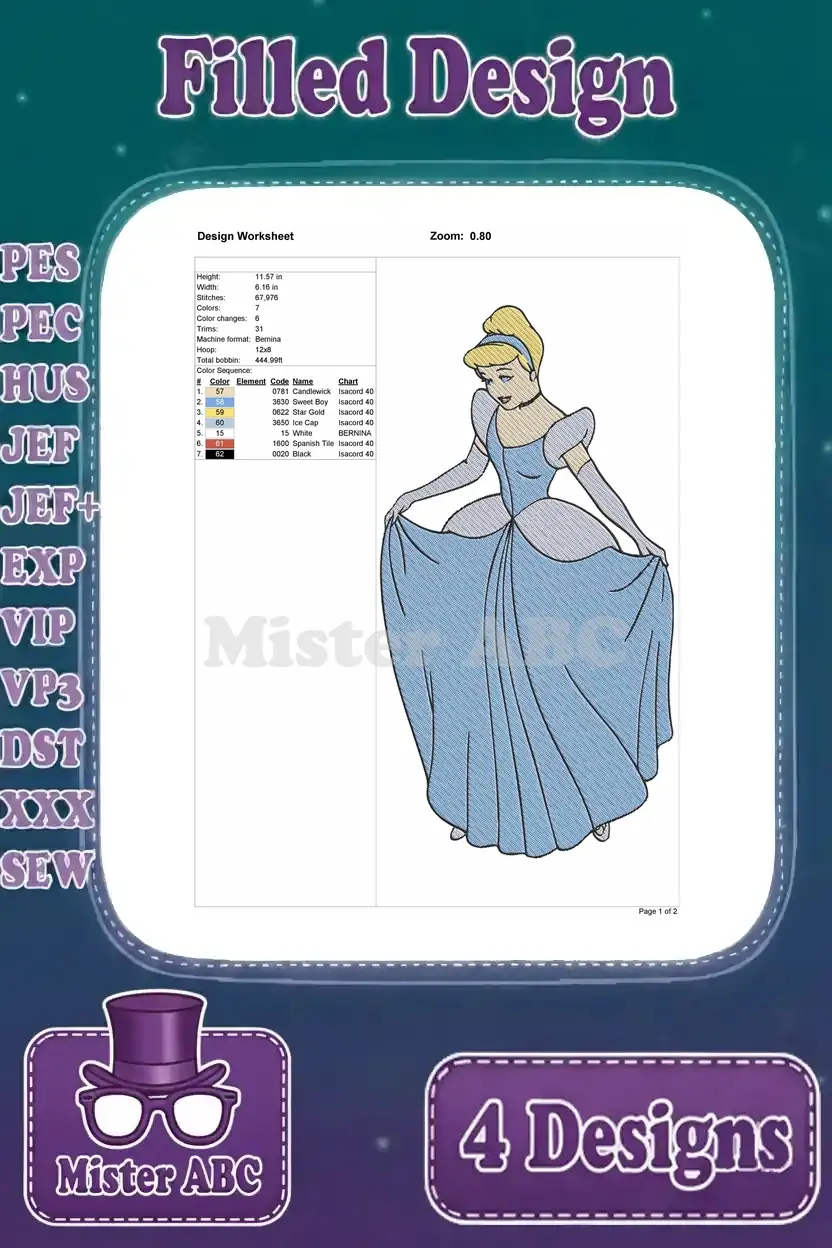 Detailed design worksheet for the second Cinderella embroidery design, showing thread colors, stitch count, and dimensions.