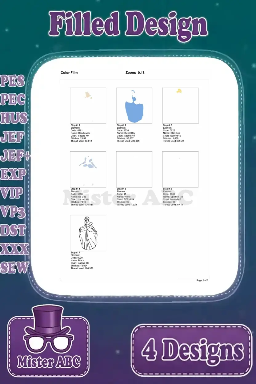 Color film breakdown for the second Cinderella embroidery design, illustrating the stitch order and color application.