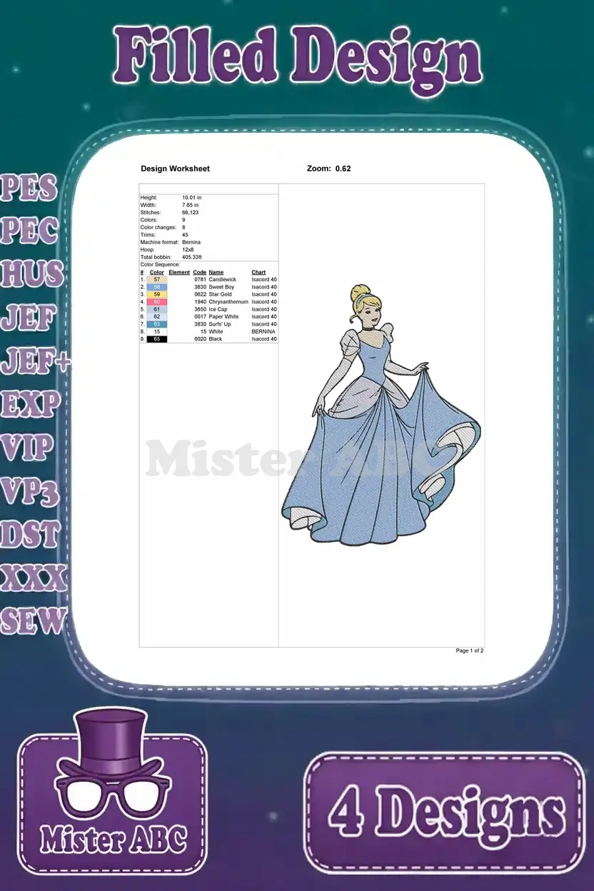 Detailed design worksheet for the third Cinderella embroidery design, showing thread colors, stitch count, and dimensions.