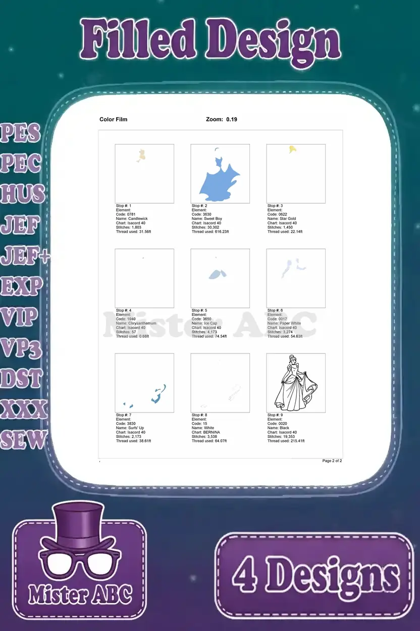 Color film breakdown for the third Cinderella embroidery design, illustrating the stitch order and color application.