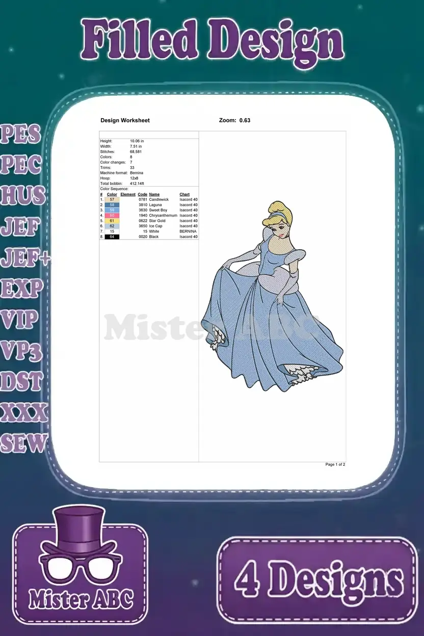 Detailed design worksheet for the fourth Cinderella embroidery design, showing thread colors, stitch count, and dimensions.