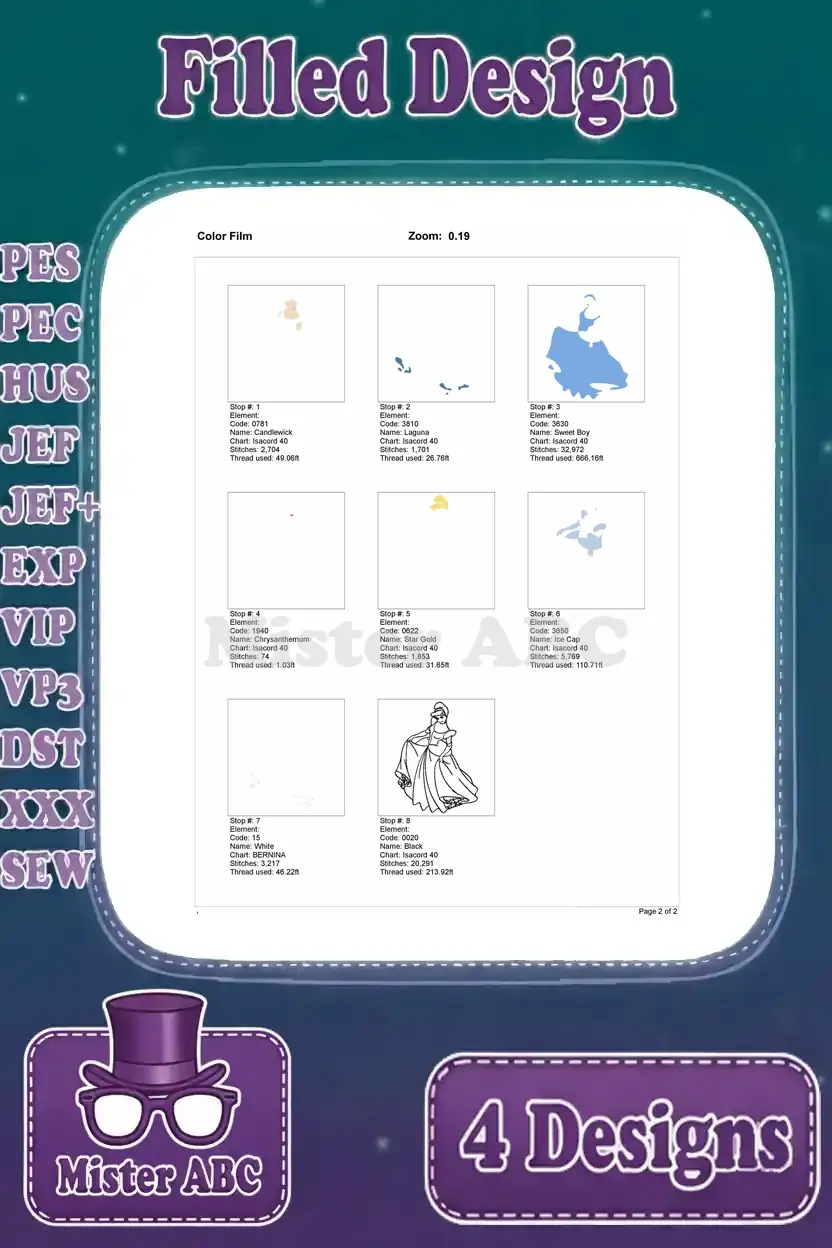 Color film breakdown for the fourth Cinderella embroidery design, illustrating the stitch order and color application.