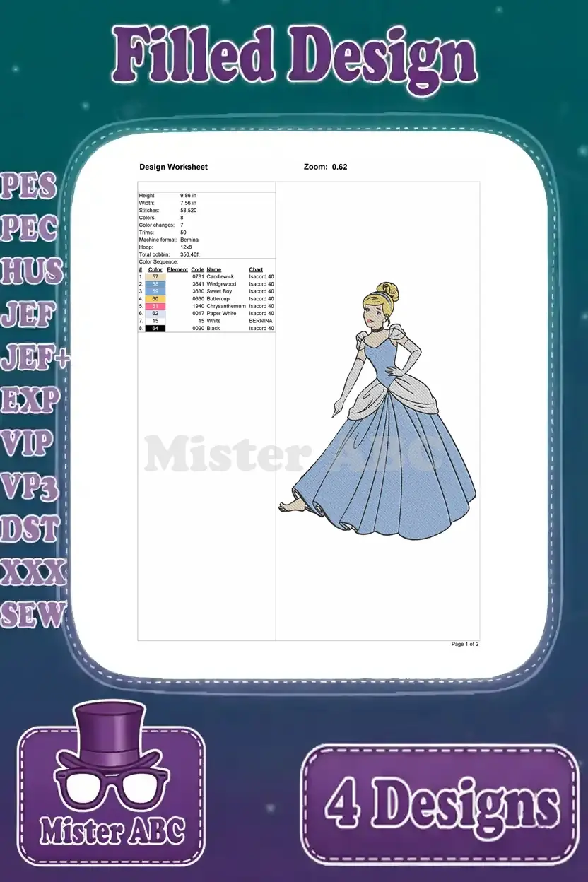 Detailed design worksheet for the first Cinderella filled embroidery design, showing thread colors, stitch count, and dimensions.