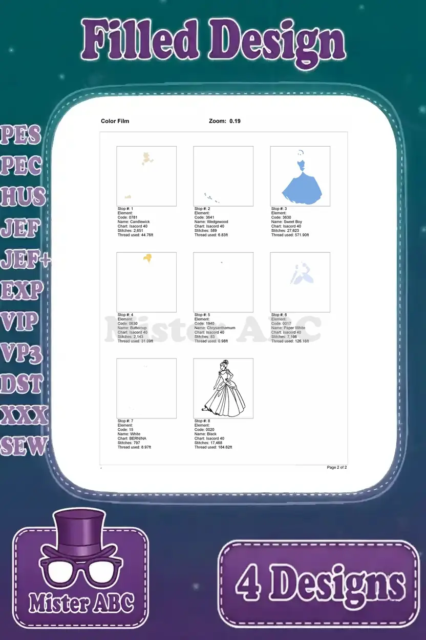 Color film breakdown for Cinderella's first filled design, showing each thread stop and the corresponding stitched areas.