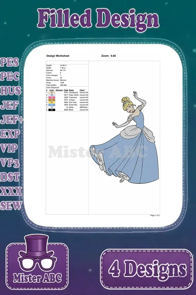 Design worksheet for the second Cinderella filled embroidery design, outlining stitch details, dimensions, and color palette.