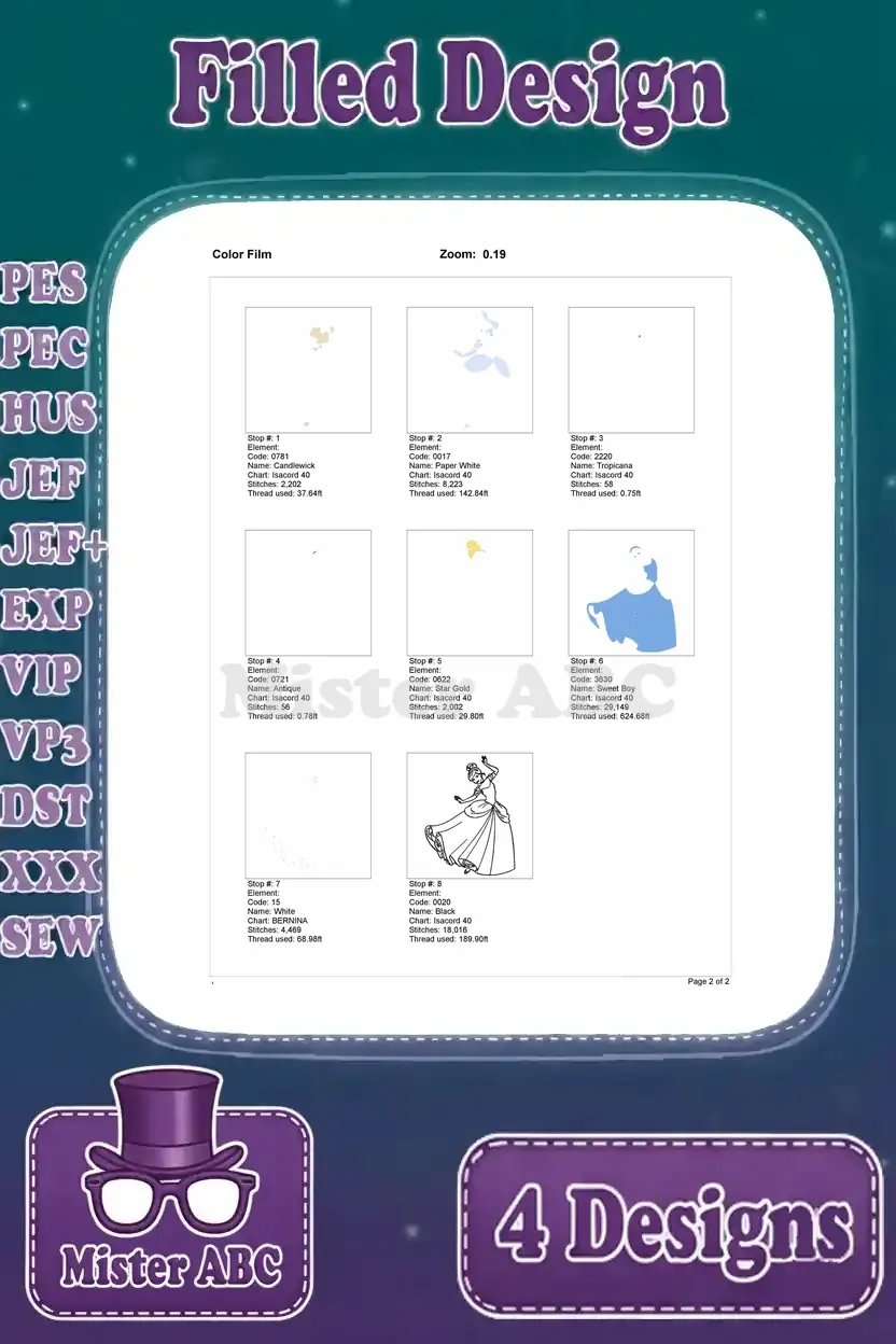 Color film visualization for Cinderella's second filled design, detailing the order and placement of all thread color changes.