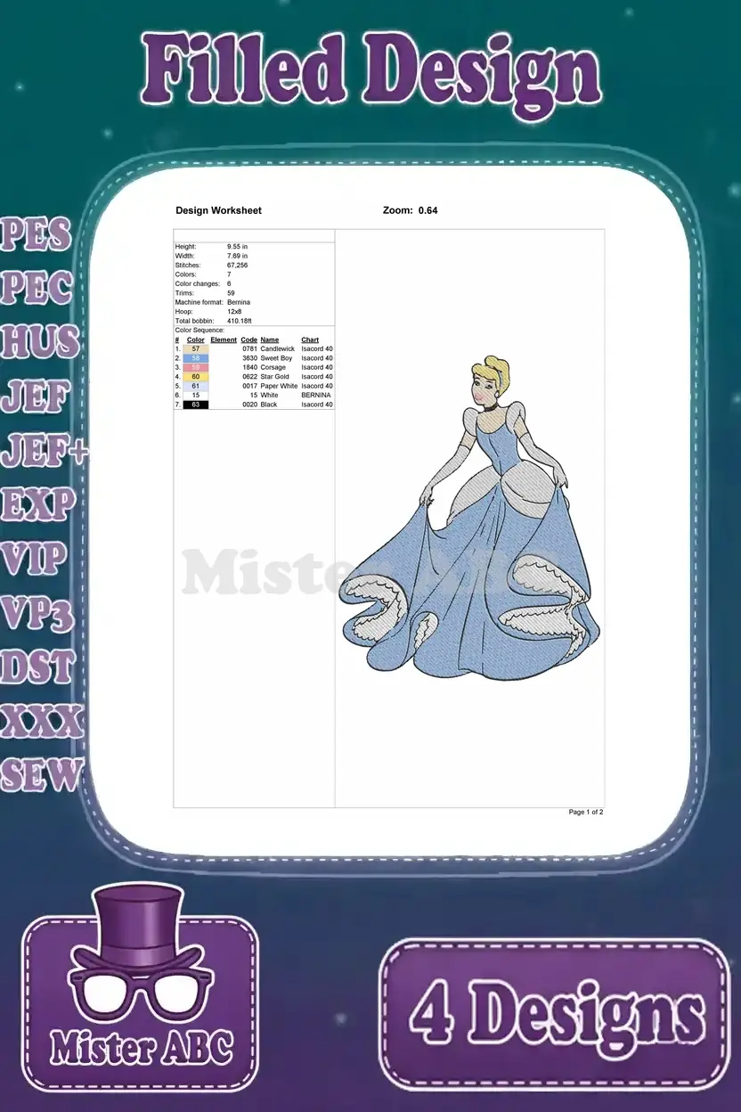 Comprehensive design worksheet for the third Cinderella filled embroidery design, including stitch count, colors, and size data.