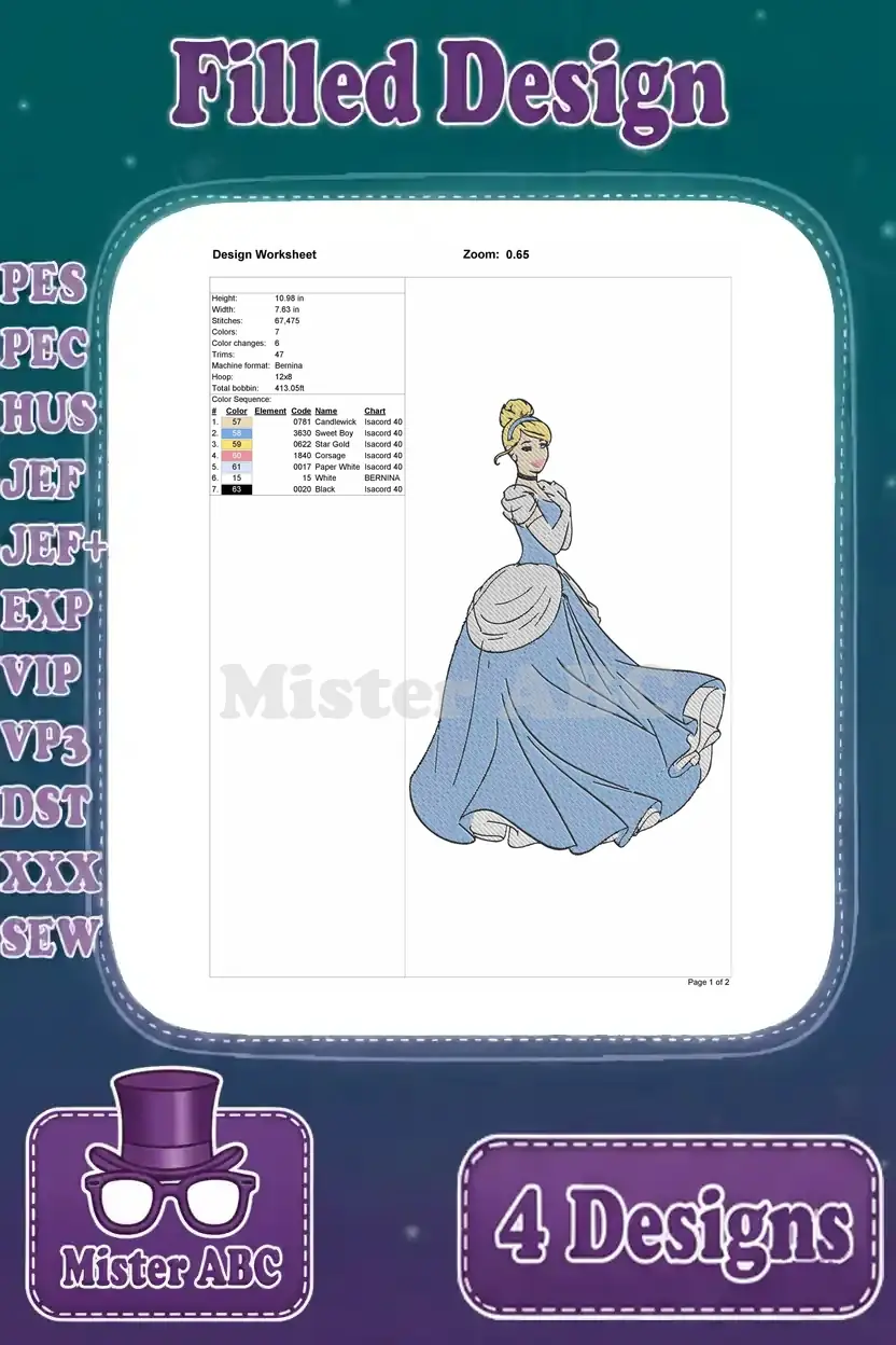 Design worksheet for the fourth Cinderella filled embroidery design, detailing stitch specifications, dimensions, and thread colors.