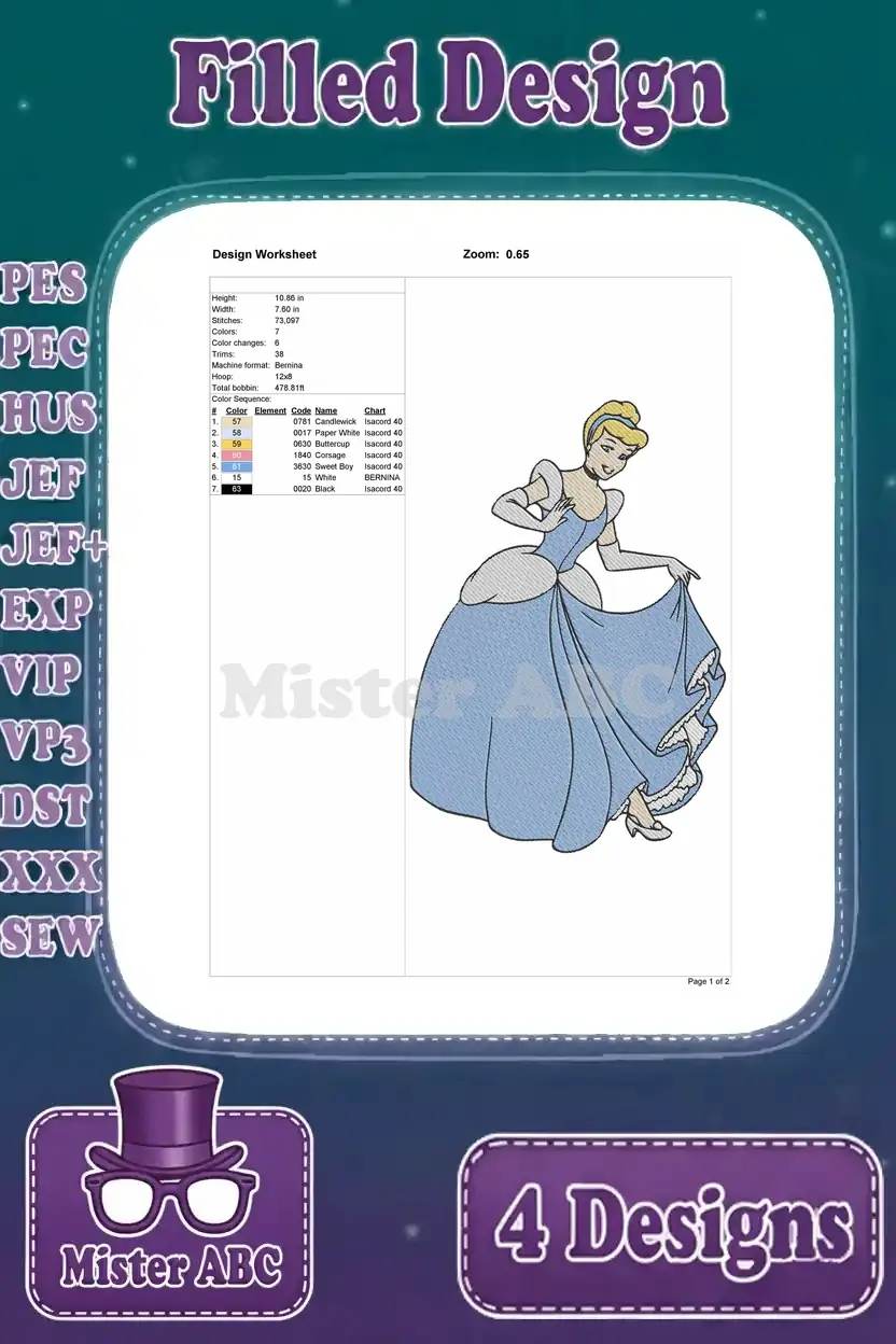A detailed design worksheet for the first Cinderella embroidery design, showing thread colors, stitch count, and dimensions.