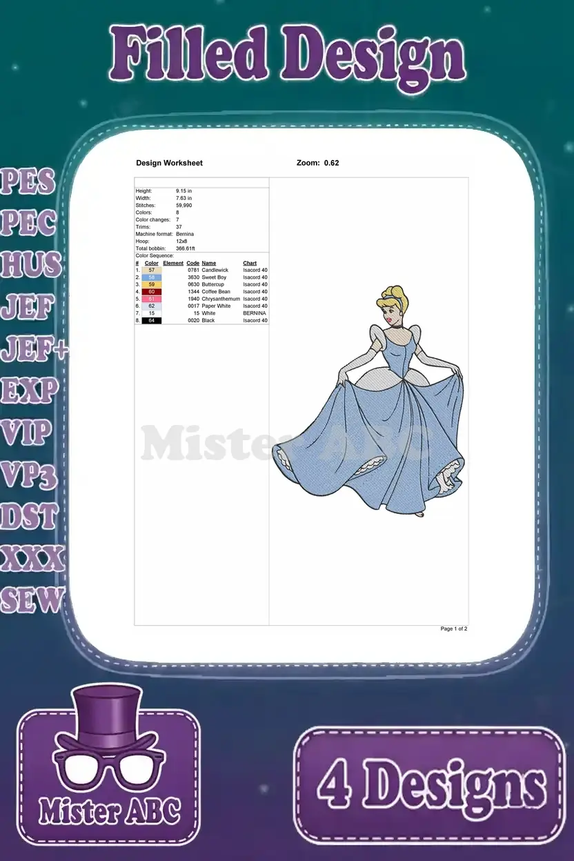 A detailed design worksheet for the second Cinderella embroidery design, showing thread colors, stitch count, and dimensions.
