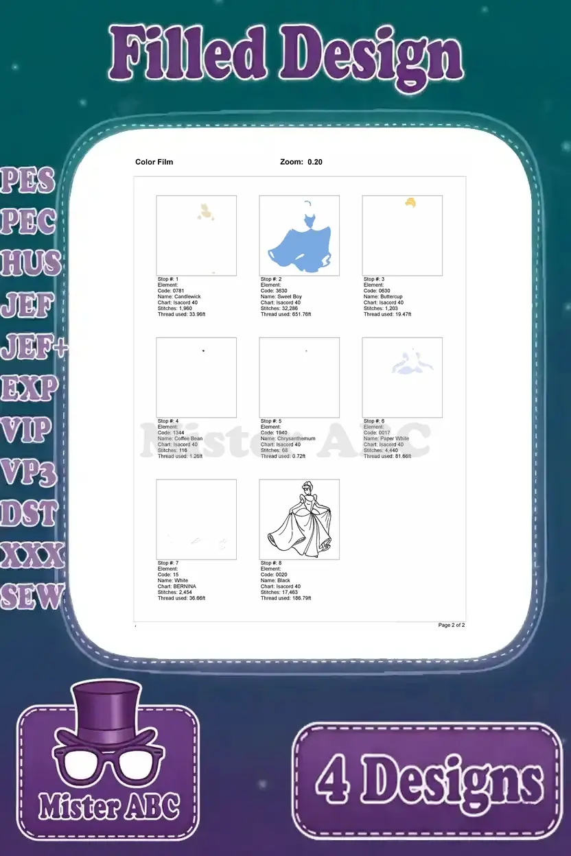 A color film breakdown for the second Cinderella embroidery design, illustrating each individual thread color layer.