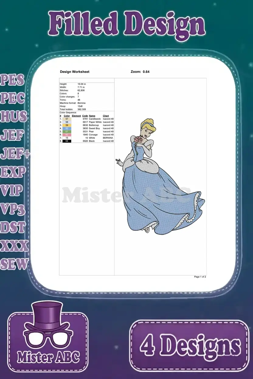 A detailed design worksheet for the third Cinderella embroidery design, showing thread colors, stitch count, and dimensions.
