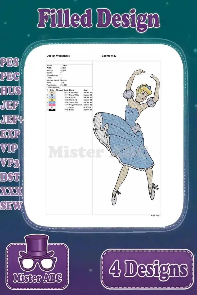 A detailed design worksheet for the fourth Cinderella embroidery design, showing thread colors, stitch count, and dimensions.