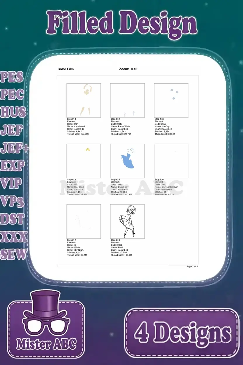 A color film breakdown for the fourth Cinderella embroidery design, illustrating each individual thread color layer.