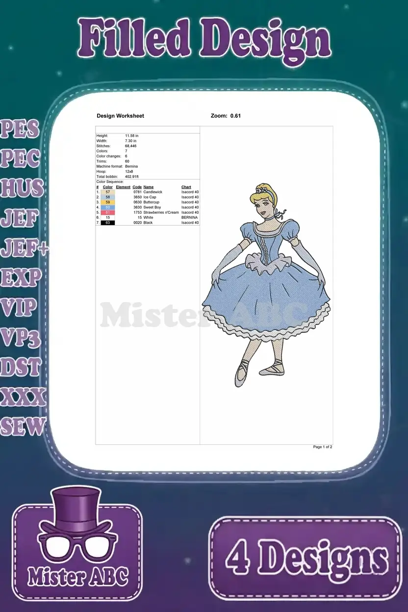 Detailed design worksheet for a dancing Cinderella filled embroidery, showing stitch count, colors, and dimensions.