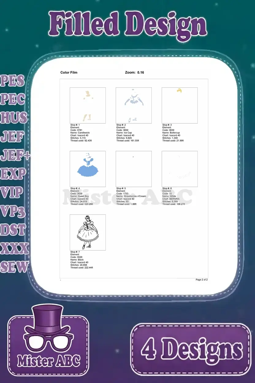 Color film breakdown for the dancing Cinderella filled embroidery design, showing individual thread stops and layers.