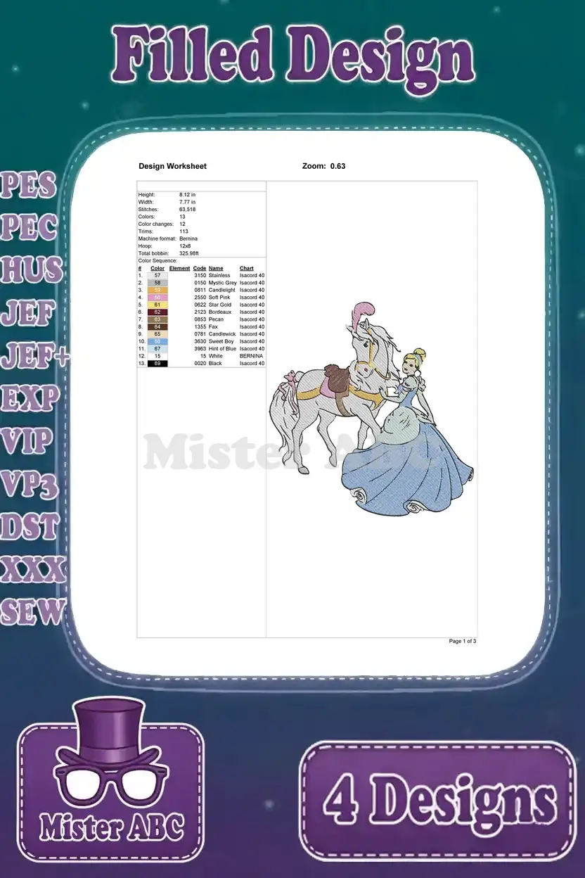 Design worksheet for Cinderella with a white horse filled embroidery, detailing stitches, colors, and dimensions.