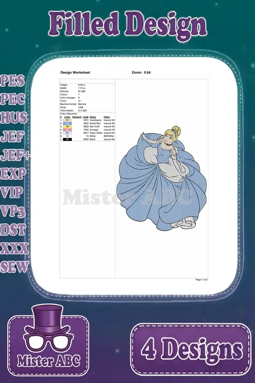 Design worksheet for Cinderella in a voluminous ball gown filled embroidery, with stitch and color details.