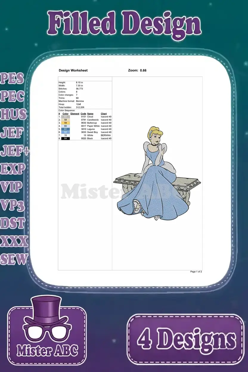 Design worksheet for Cinderella seated on a bench filled embroidery, outlining stitch data and color choices.