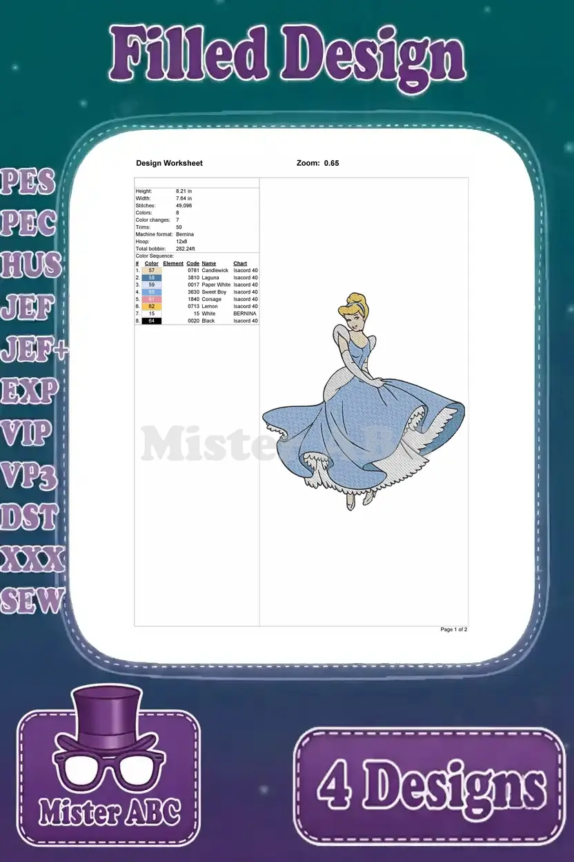 Detailed design worksheet for the first Cinderella embroidery, showing stitch count, color sequence, and dimensions.