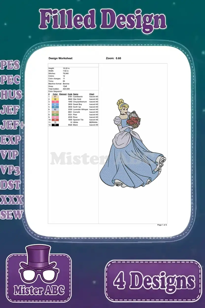 Comprehensive design worksheet for the second Cinderella embroidery design, featuring thread colors and stitch count.