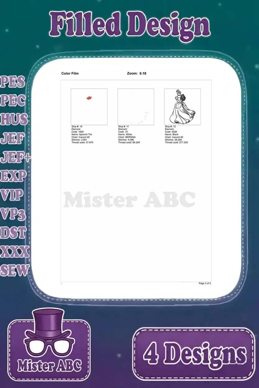 Second page of the color film for the second Cinderella embroidery design, showing the final stitching steps.