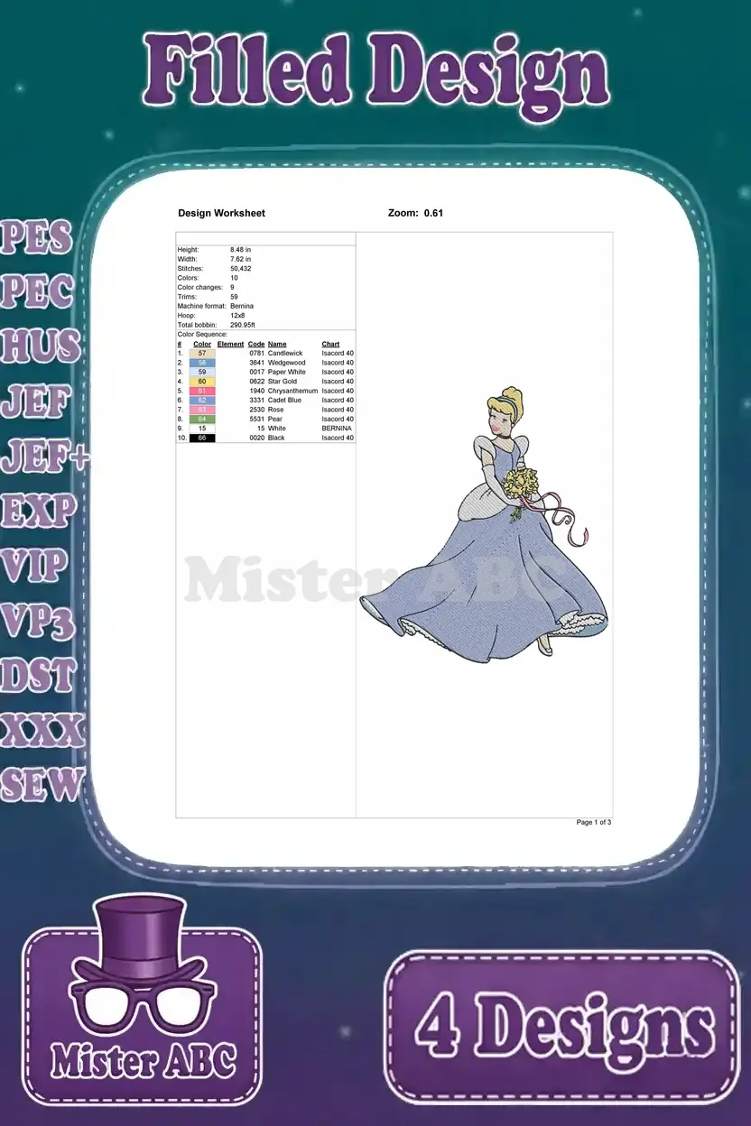 Detailed design worksheet for the third Cinderella embroidery design, with stitch count, colors, and dimensions.