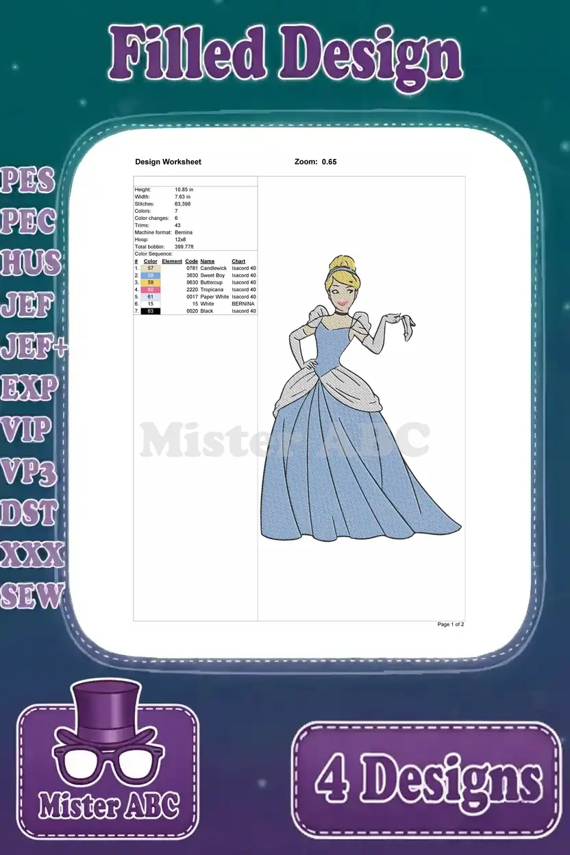 Comprehensive design worksheet for the fourth Cinderella embroidery design, including stitch details and colors.