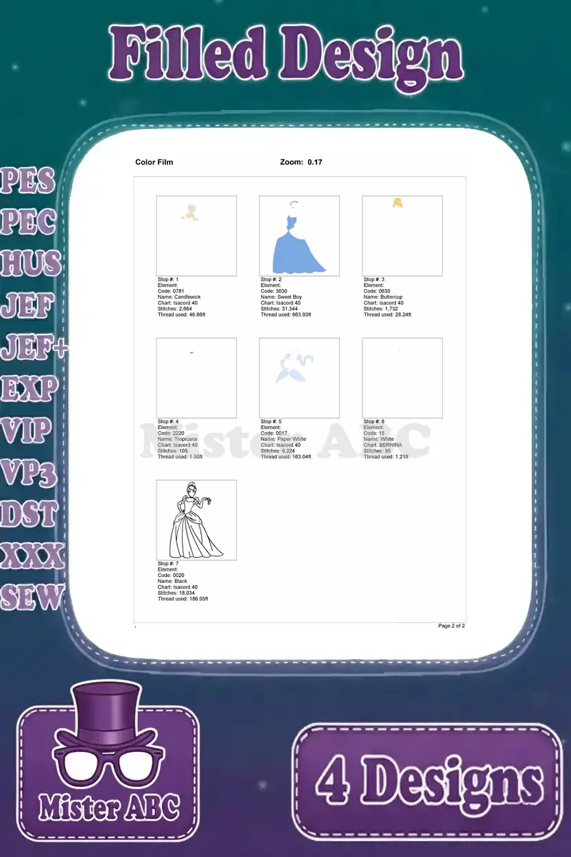 Complete color film for the fourth Cinderella embroidery design, illustrating the full stitching sequence.