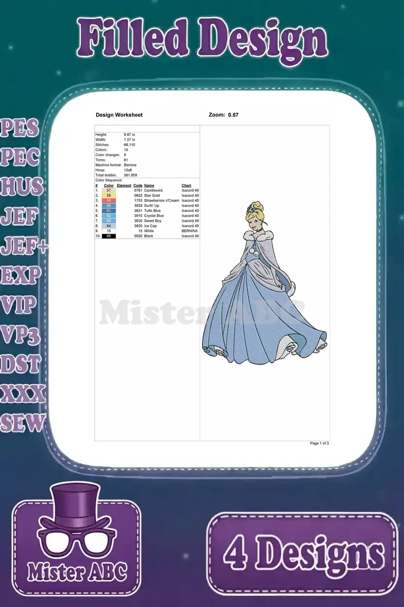Detailed design worksheet for the first Cinderella filled embroidery design, showing thread colors and stitch count.