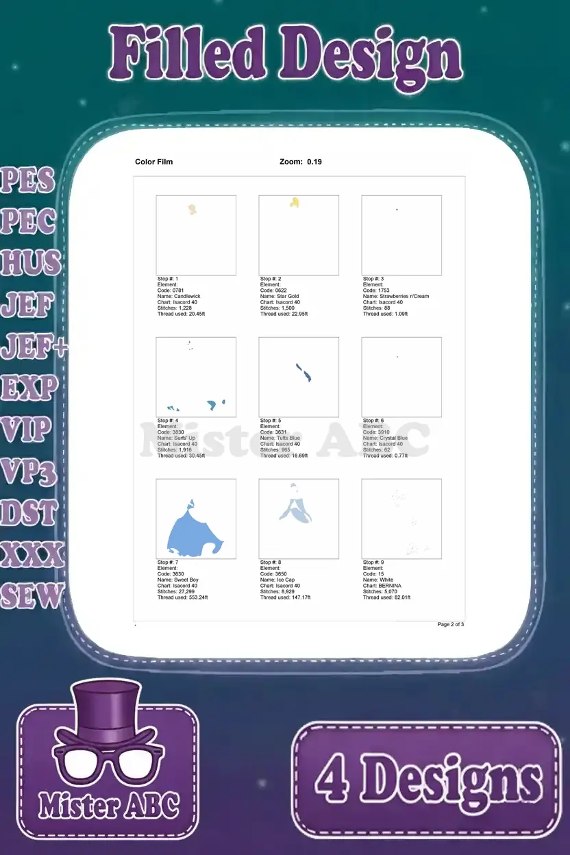 Color film sequence for Cinderella design 1, illustrating the detailed stitch order for each color application.