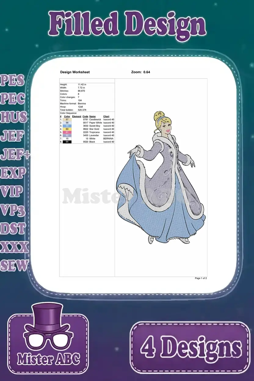 Detailed design worksheet for the second Cinderella filled embroidery, showcasing winter cloak and thread palette.