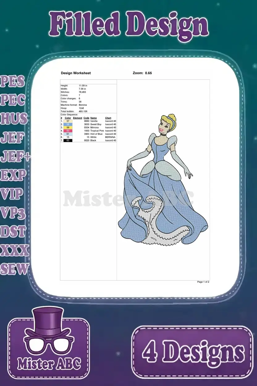 Detailed design worksheet for the third Cinderella filled embroidery, showing dress details and thread colors.