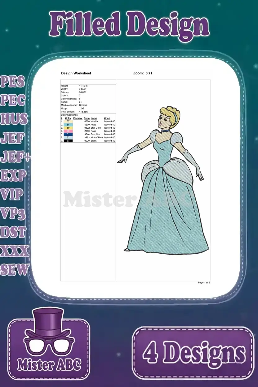 Detailed design worksheet for the fourth Cinderella filled embroidery, showing classic ball gown and specifications.
