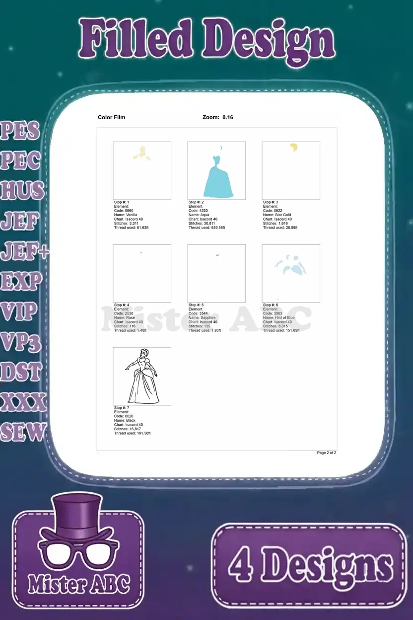 Color film sequence for Cinderella design 4, illustrating the detailed stitch order for each color application.