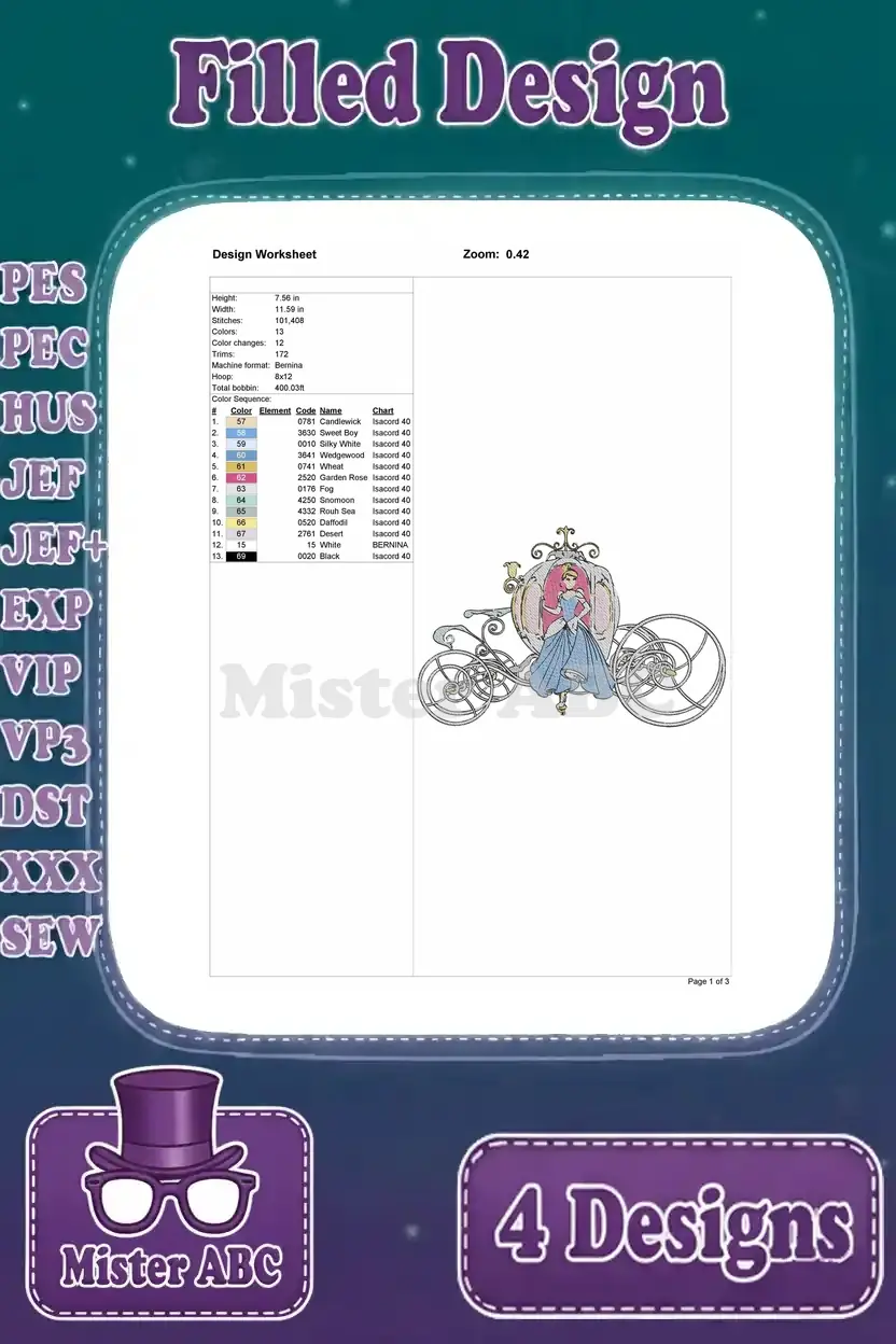 Cinderella in her carriage embroidery design worksheet, detailing dimensions, stitch count, and thread color sequence.