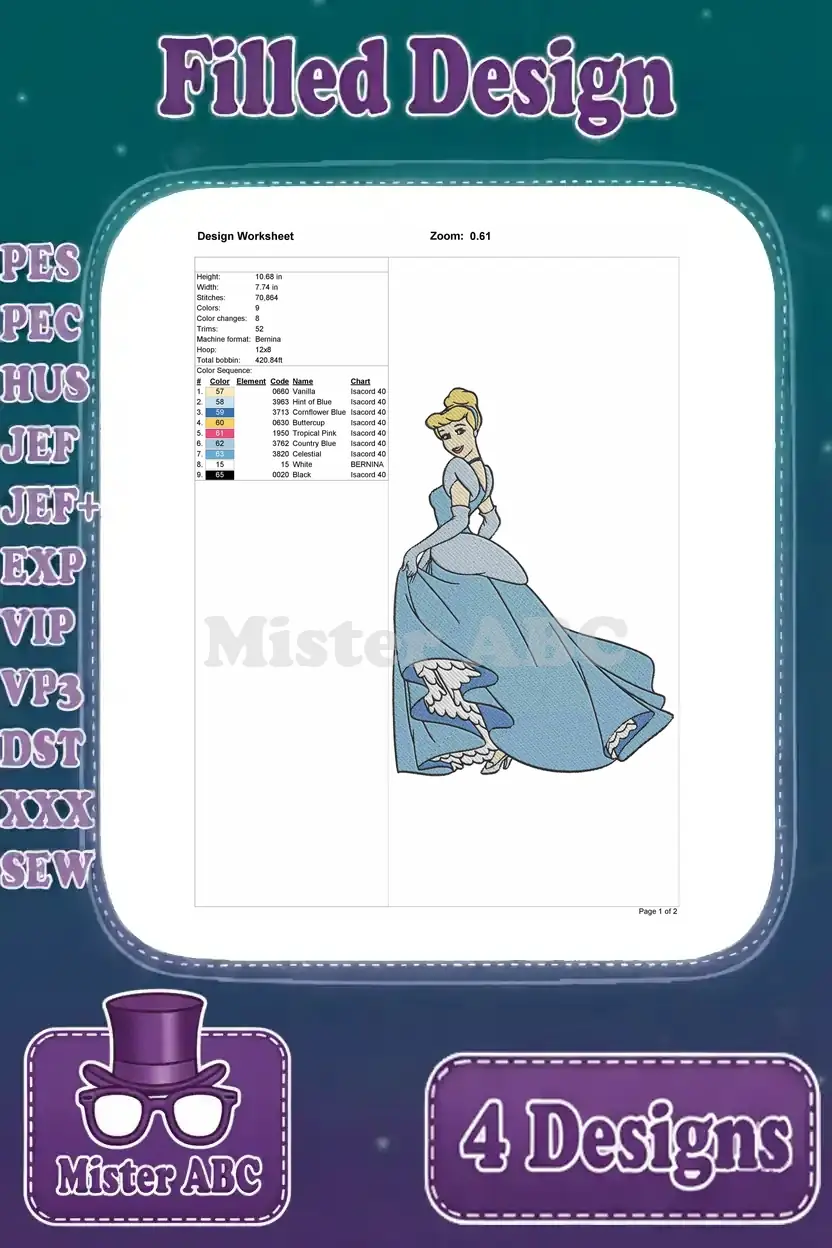 Cinderella standing elegantly embroidery design worksheet, detailing dimensions, stitch count, and thread color sequence.