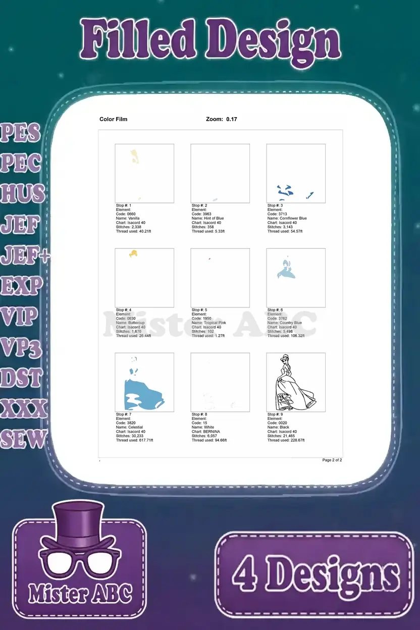 Final page of the color film for the elegant standing Cinderella embroidery, showing all thread stop details.