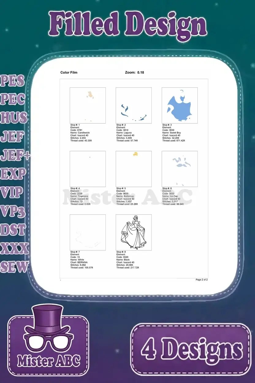 Final page of the color film for Cinderella holding her dress embroidery, showing all thread stop details.
