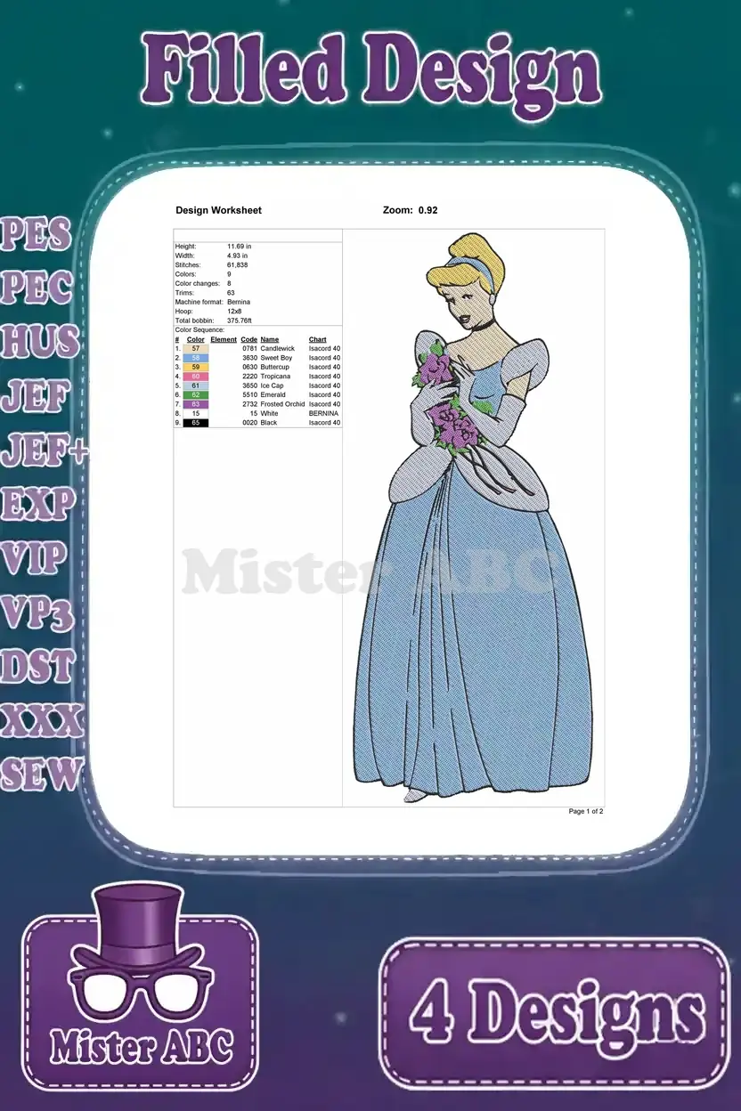 Cinderella holding flowers embroidery design worksheet, detailing dimensions, stitch count, and thread color sequence.