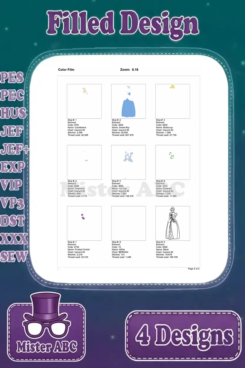 Final page of the color film for Cinderella holding flowers embroidery, showing all thread stop details.